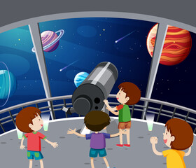 Wall Mural - a kids looking at the planet with telescope at observatory