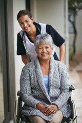 Canvas Print - Shes always there when I need someone to care. Portrait of a senior woman in a wheelchair being for for by a nurse at a retirement home.