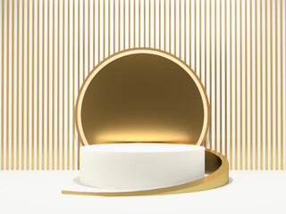 Abstract 3D luxury step rendering white cylinder pedestal podium with shining gold circles frame and gold verticle lines background 3D render