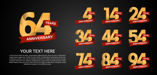 set anniversary logotype premium collection gold color with red ribbon isolated on black background