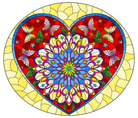 Wall Mural - An illustration in the style of a stained glass window with an abstract heart with bright flowers and butterflies on a yellow background