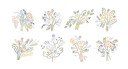 Poster - Abstract minimalistic flowers set. Modern floral creative bouquets in line art style. Stylized simple spring plants. Romantic posies. Colored drawn vector illustrations isolated on white background