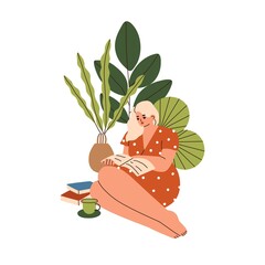 Woman reading books, magazines among green plants at home. Person reader in dress with novel literature, leaf houseplants and coffee cup. Flat vector illustration isolated on white background