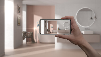 Wall Mural - hand holding smart phone, ar application, simulate furniture and interior design products in real ho