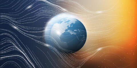 Poster - Futuristic Abstract Colorful Modern Style Global Networks, Telecommunications Concept Design- Flowing Lines of 3D Digital Binary Code and Glowing Nodes on Earth Globe with Space and Starry Sky Around