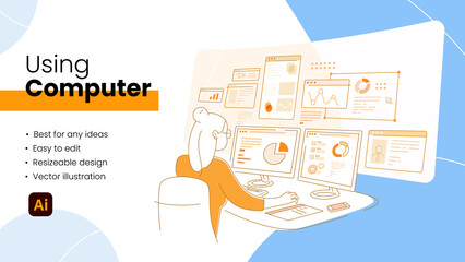 Geeky woman sitting in the chair at the desk, working on the computer with multiple displays, working from home, remote job technology concept. Orange flat vector illustration.
