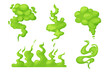 Set green smell steam, toxic stink smoke, dust cloud or fart in comic cartoon style isolated on white background. Collection Bad aroma scent.