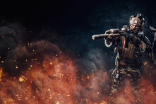 Army Soldier With Rifle Aiming Against Dark Flaming Background