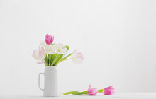 White And Pink Tulips In Jug On White Background