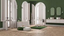 Contemporary Bathroom In Green Tones In Vintage Apartment With Arched Window. Freestanding Bathtub, Washbasins And Mirrors, Carpet And Rack With Towels. Minimalist Interior Design
