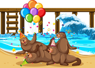 Wall Mural - Seal lions at the beach with wooden pier