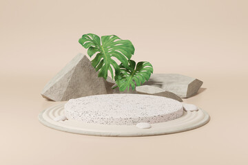 Poster - Mock up of stone and small plant forming a product podium, Cosmetic presentation. 3d rendering.
