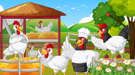 Poster - Chickens group cartoon character in farm scene