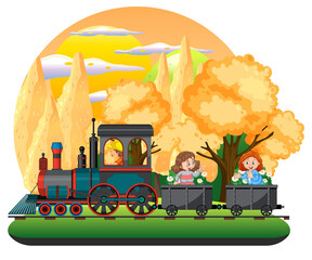 Poster - A kids in a train with natural scene