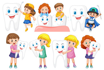 Poster - Set of happy kid holding a big tooth and dental mirror on white background