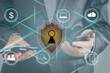 © Angelov - Cyber security network. Padlock icon and internet technology networking. Businessman protecting data personal information on tablet and virtual interface. Data protection privacy concept.