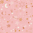 © AngellozOlga - Cute celestial childish night sky space stars planets crescent vector seamless pattern. Boho baby universe delicate background. Soft colours universe surface design for kids fabric and nursery decor.