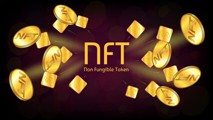 Wall Mural - nft non fungible token infographics with flying gold unique tokens and coins on dark background. pay