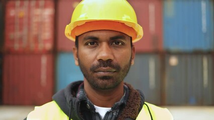 Wall Mural - Authentic shot of Indian worker man looking at camera with containers box of cargo in background - Freight ship and Logistic concept