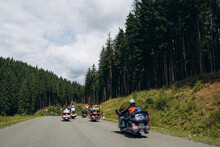 Bikers On The Road In The Middle Of The Mountains Of Ukraine. Japanese Honda GoldWing Motorcycle.