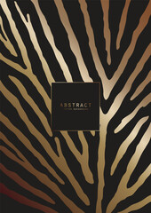 Wall Mural - Luxury elegant background. Black and gold animal print with zebra stripes and a copy space with shiny golden border. Modern premium A4 template for invitation, card or notebook cover