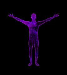 Wall Mural - Purple blue stellar cosmic male silhouette with outstretched arms on a black background