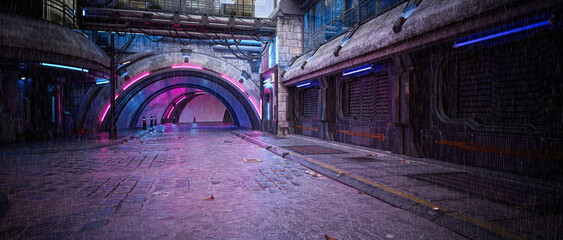 Aufkleber - Cinematic panorama view of a dark futuristic cyberpunk city downtown street in the rain. 3D rendering.
