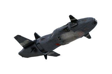 Poster - Large futuristic grey space craft flying overhead. 3D rendering isolated on white background.