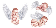Watercolor Newborn Babies Angels With Wings
