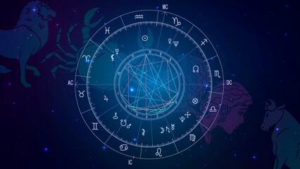 Wall Mural - the scheme of the natal chart against the background of the starry sky and the constellations of the