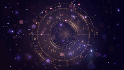 golden scheme of the natal chart on the background of the starry sky