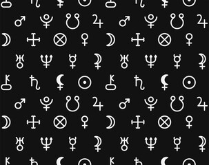 Wall Mural - seamless pattern with white symbols of the planets on a black background