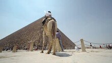 An Arab Police Man On A Camel In Front The Pyramids Of Giza, Crowd Of Tourists In The Background Visiting Great Pyramid, Famous World Landmark