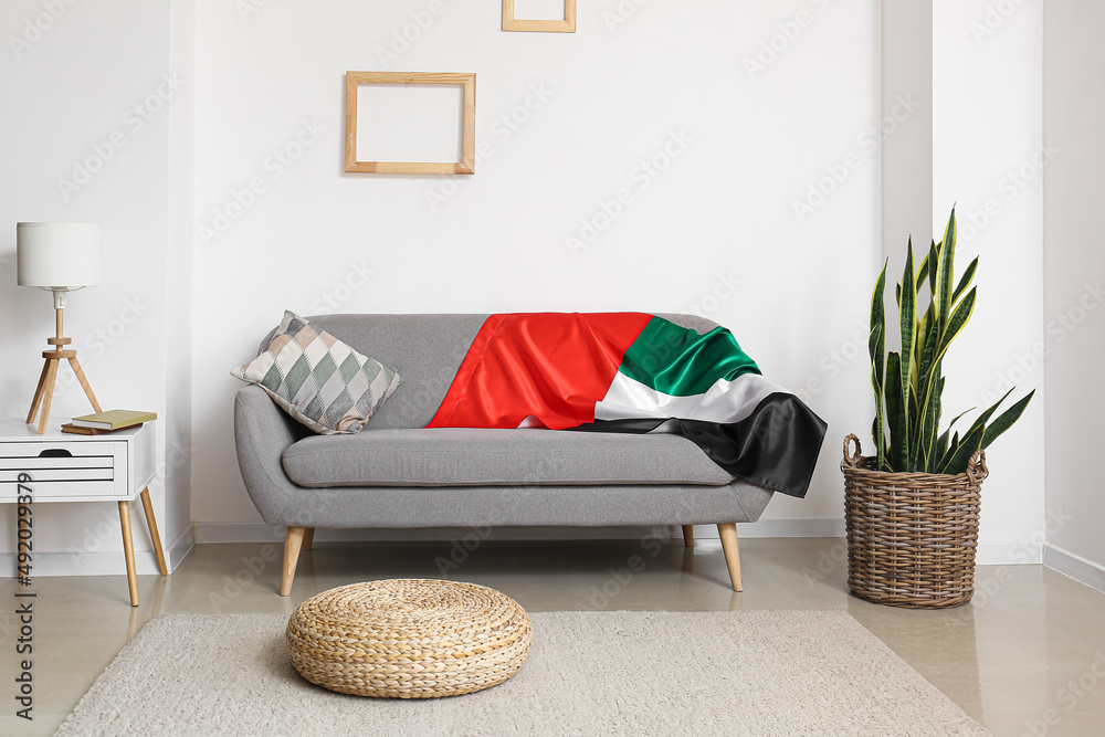 Grey sofa with UAE flag in interior of light living room