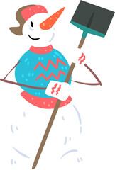 Poster - Happy Snowman White Character in Hat with Carrot Nose Standing with Spade