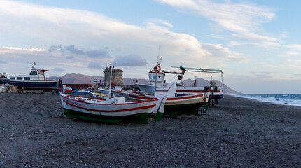 Sticker - colorful fishing boats on the beach in Cabo de Gata at twilight