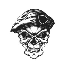 Wall Mural - Special Ops Military Commando Marine Soldier Warrior Skull Wearing Beret Cap. Print or Tattoo Design. Hand Drawn Vector Illustration