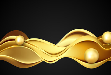 Wall Mural - Black background with smooth golden wave and golden spheres.Abstract golden wave vector background.