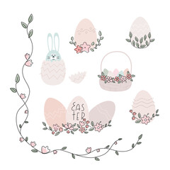 Wall Mural - Set of beige pastel color vector illustrations for easter with bunny, flowers, basket, eggs.