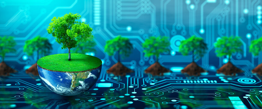 Wall Mural -  - Tree growing on half of earth with green grass and butterfly. Digital and Technology Convergence. Green Computing, Green Technology, Green IT, csr, and IT ethics Concept. Image furnished by NASA.