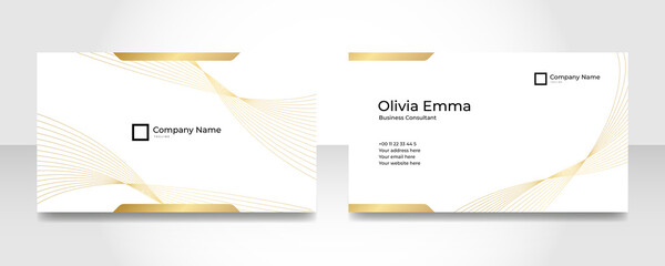 Wall Mural - Modern creative and clean white gold business card design template. Luxury elegant business card design background with trendy simple abstract geometric stylish wave lines. Vector illustration