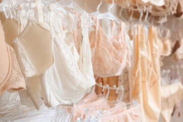 Canvas Print - Many different beautiful women's bras in lingerie store, closeup