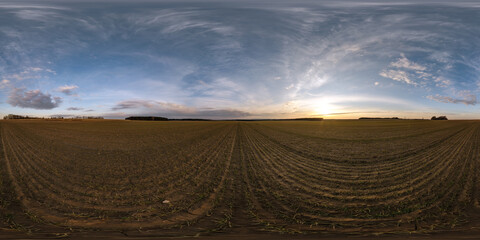 Wall Mural - evening hdr panorama 360 view among farming fields with sunset clouds in equirectangular spherical projection, ready for VR AR virtual reality content
