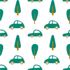 Vector seamless children pattern with passenger car, trees in green, brown colors on a white background. Cute cartoon illustration for print, fabric, textile, background, wallpaper.