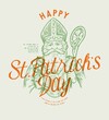 Happy St.paddy's day. Irish apostle with staff and shamrock vintage typography st. Patrick's silk screen t-shirt print.