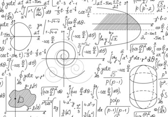 Wall Mural - Mathematical vector seamless background with handwritten algebra and geometry formulas on a white paper
