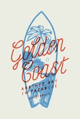 Wall Mural - Golden coast surfboard tropical beach vintage typography surfing t-shirt print.