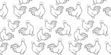 Seamless Pattern With Rooster Or Hen On A White Background. Fresh. Poultry Farm. Doodle, Hand Drawing. Suitable For Wallpaper, Web Page Background, Surface Textures, Textile.