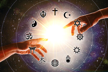 Hands and flash with religious symbols and universe background