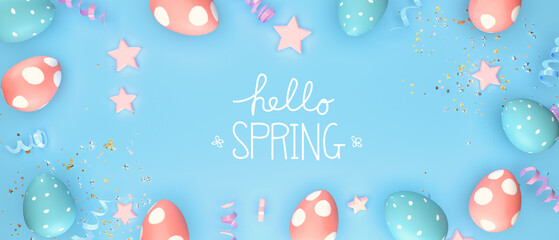 Wall Mural - Hello spring message with Easter eggs with spring holiday pastel colors